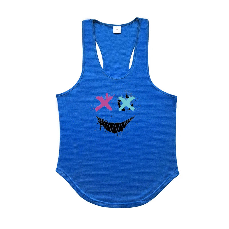 Trendy Personality Funny XX Smile Face Gym Fitness Vest Men Bodybuilding Sleeveless Tank Tops Mesh Quick Dry Racer Back T-Shirt
