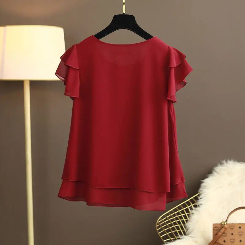 Women Women's Clothing Blouse Summer new short sleeved chiffon top T-shirt loose versatile stylish shirt trend Shirts Blouses