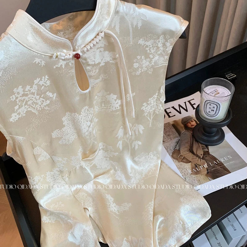 New Chinese Style Sleeveless Shirt Top High Neck Buckle Thin Satin Floral Female Shirt Summer Slim Mature Woman Short Sleeve