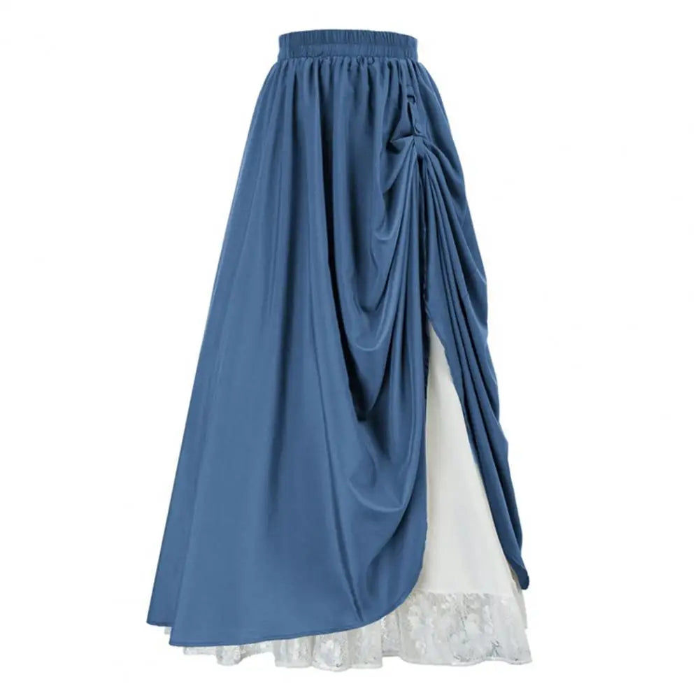 Women Retro Medieval Elastic Lace High Waist Boho Maxi Skirt Casual Drawstring A Line Shirtdresses Backless Vintage Bodycon