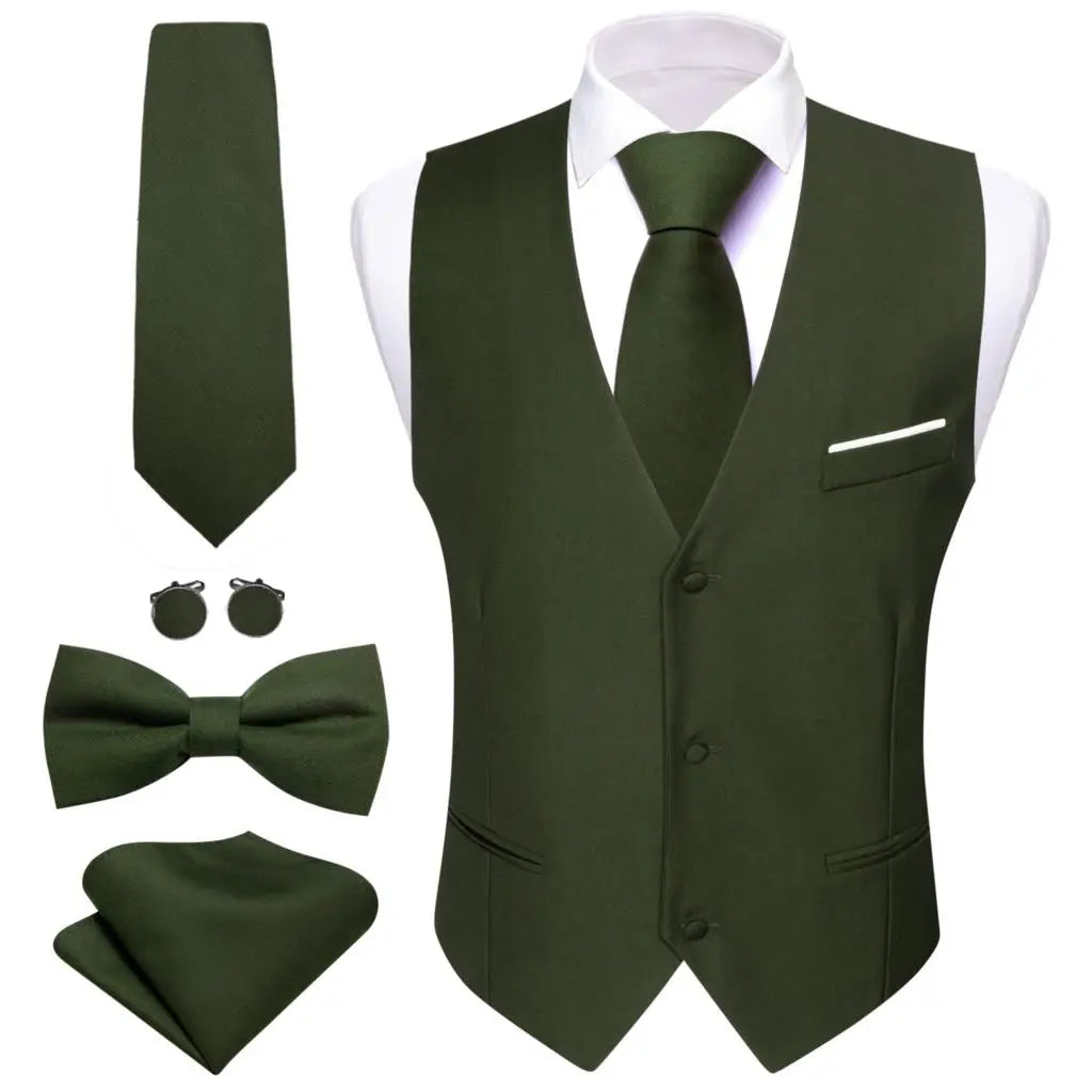 Designer Men's Vest Dark Green Solid Silk Satin Waistcoat Tie Bowtie Hanky Wedding Formal Male Suit Sleeveless Jacket Barry Wang