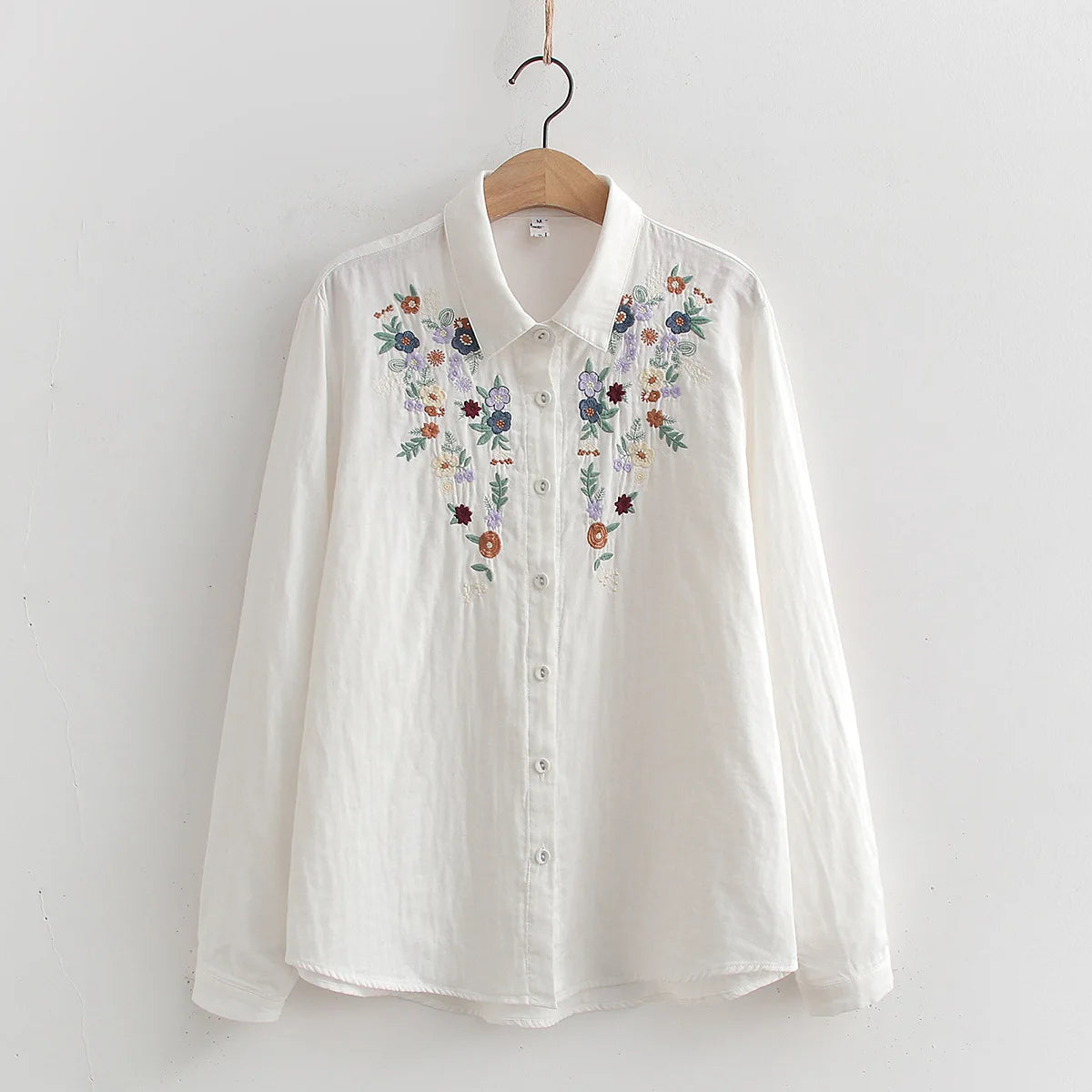 Spring Double 100% Cotton Yarn Shirts Women Turn-down Collar Loose Tops Girl Long Sleeve Embroidery Blouses 2024 Autumn T42909QM
