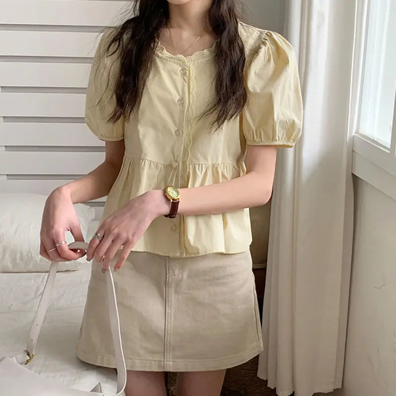 Shirts Women Elegant Sweet Preppy Style Cute Summer Tops Short Puff Sleeve New Arrival Stylish Korean Camisas Mujer Vintage Pure
