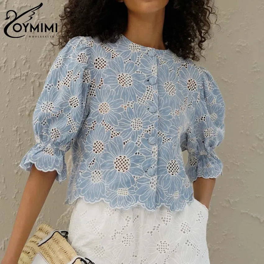 Oymimi Fashion Blue Print Women's Shirt Elegant O-Neck Hollow Out Half Sleeve Shirts Summer Autumn Single Breasted Cotton Shirts