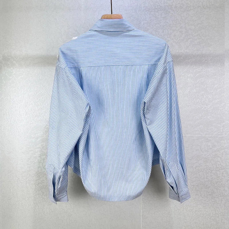 Blue and White Stripes Suit Heavy Industry Flower Embroidery Hollow Lapel Loose Shirt Skirt Design Sense Summer 2025 New Style