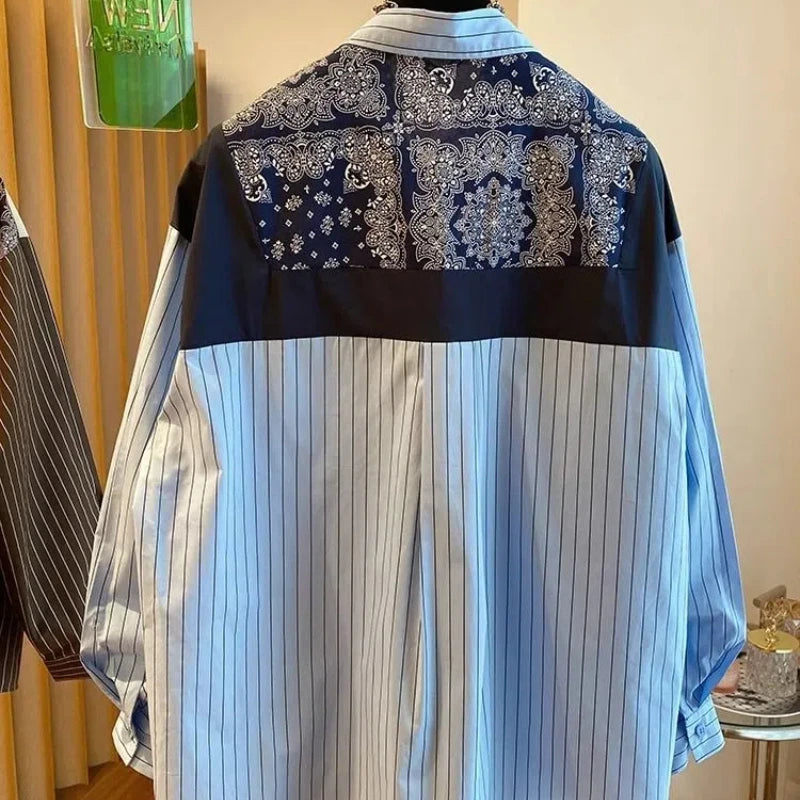 Folk Vintage Women's 2024 New Patchwork Polo Collar Printing Button Stripe Fashion Loose Casual Long Sleeved Blouses Shirts