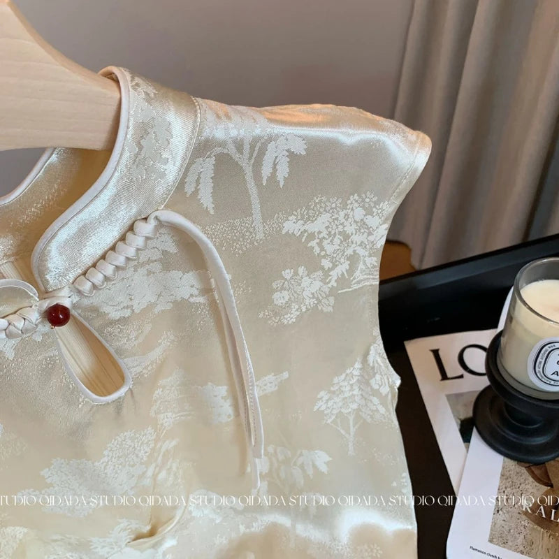 New Chinese Style Sleeveless Shirt Top High Neck Buckle Thin Satin Floral Female Shirt Summer Slim Mature Woman Short Sleeve