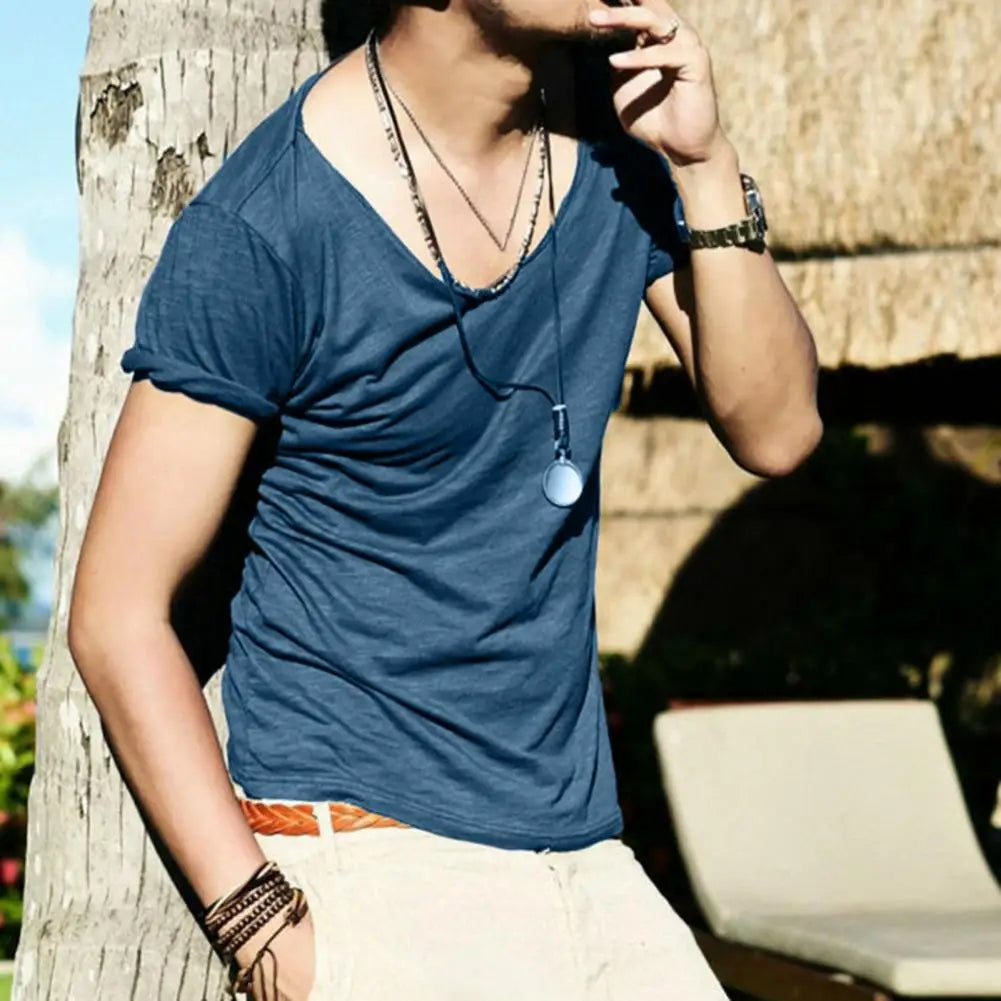 Men Summer T-shirt Large V Neck Thin Casual Male T-shirt Solid Color Slim Fit Breathable Short Sleeves Stretchy Men Top