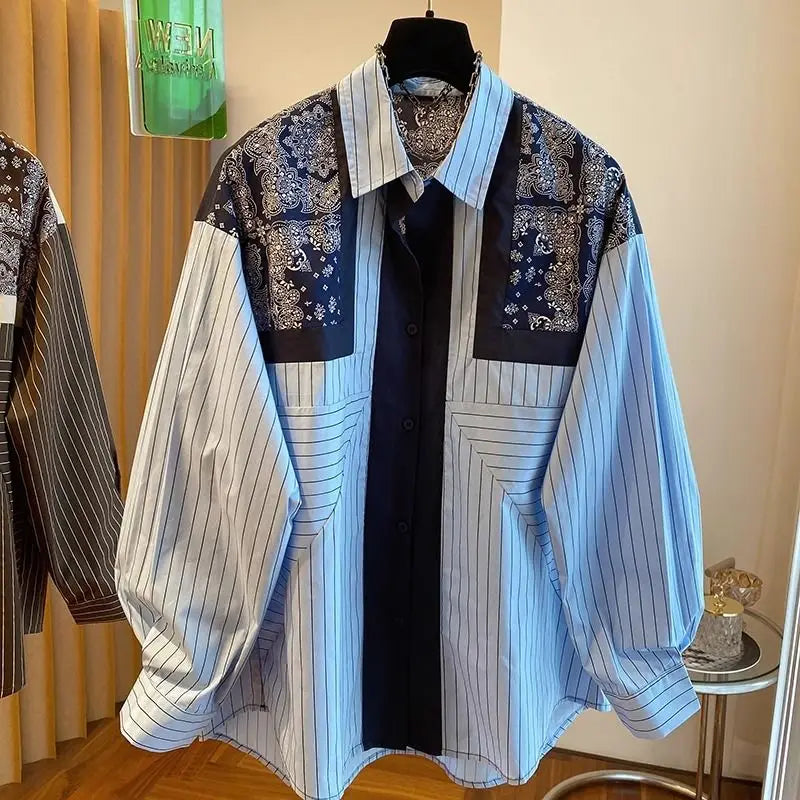 Folk Vintage Women's 2024 New Patchwork Polo Collar Printing Button Stripe Fashion Loose Casual Long Sleeved Blouses Shirts