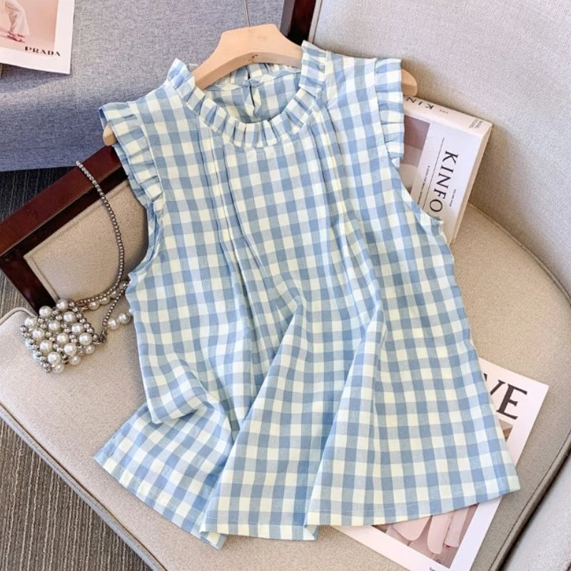 Korean Blouses Women Clothing Stand Neck Sleeveless Sweet Shirts 2025 Camisas De Mujer Loose Ruffles Ruffles Plaid Summer Blouse