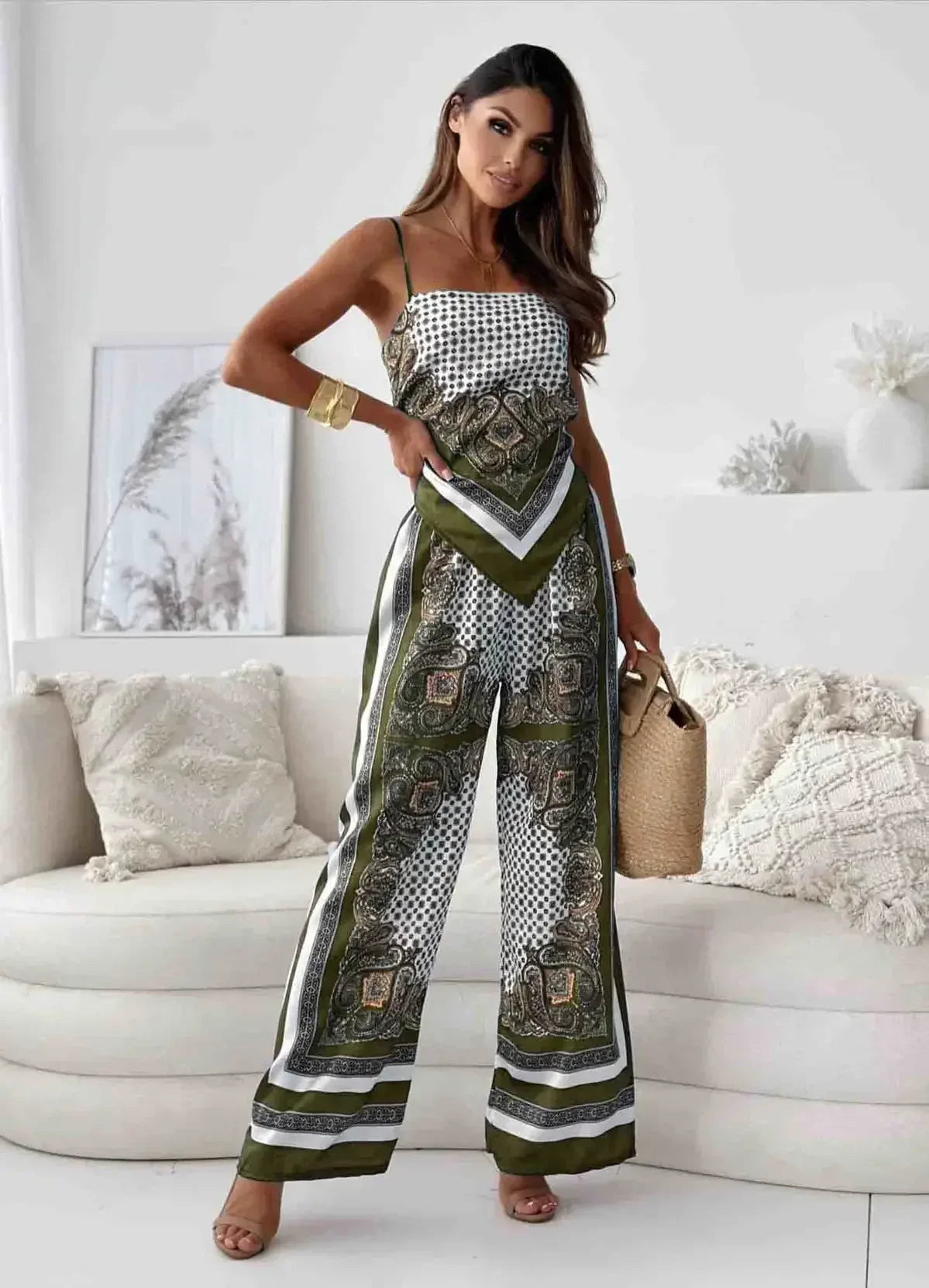 Stylish Printed Lace-Up Vest & Pants Two-Piece Set Summer Satin Print Women Casual Sling Lace Up Top Wide Leg Pants 2 Piece Set