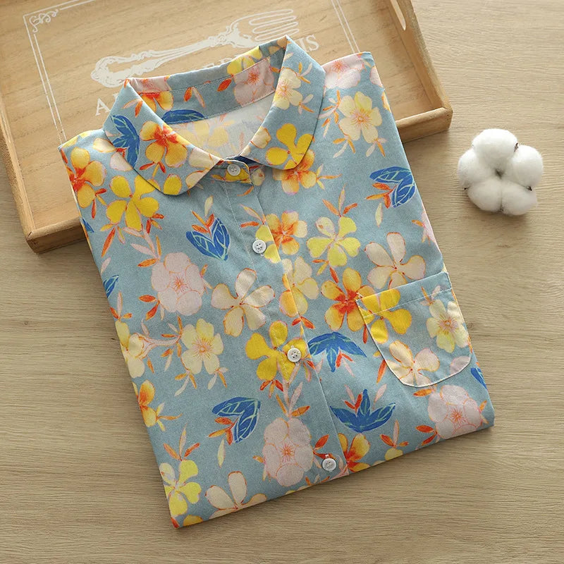 100% Cotton Shirts Women Autumn Spring Japan Style Flower Print Tops Morigirl Long Sleeve Blouses Mori Kei Clothing