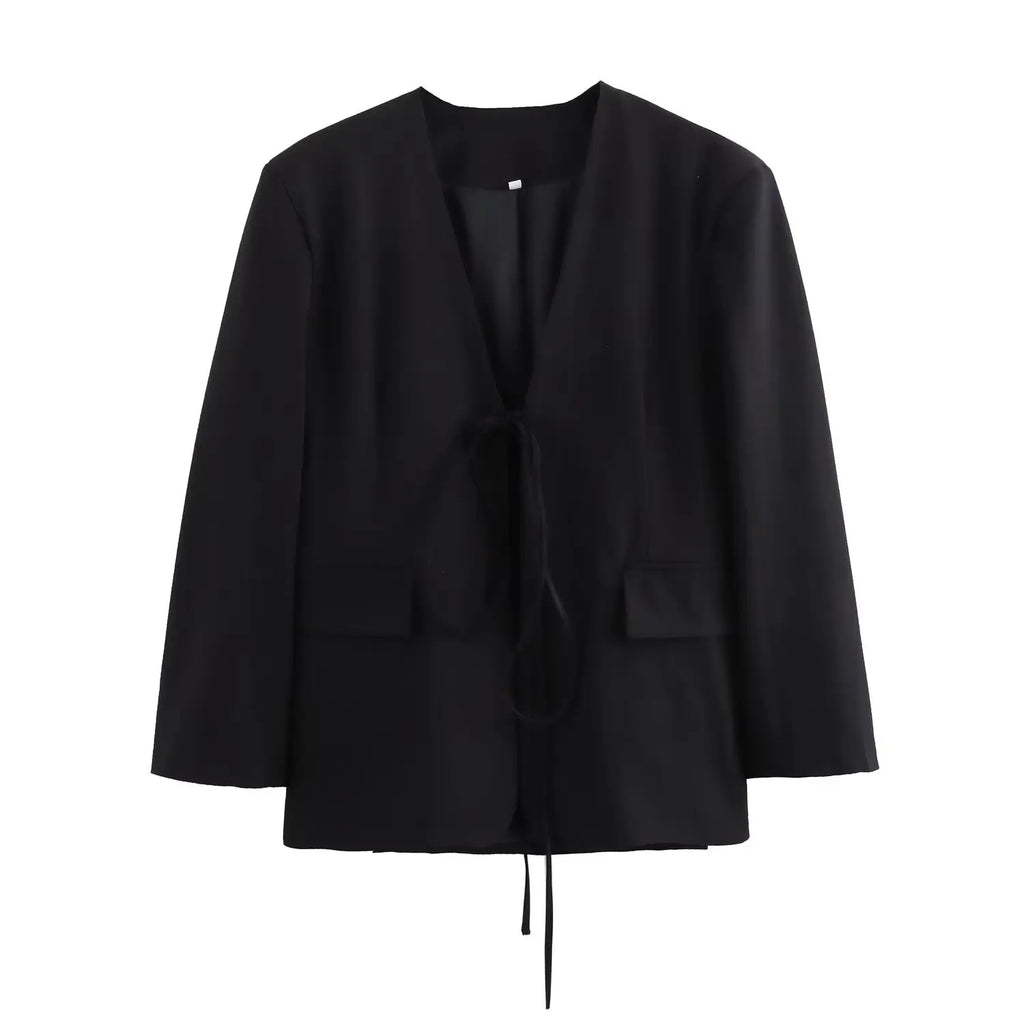 TRAFZA Casual Oversized Black Blazer Women V Neck Bow Tie Pockets Loose Jackets Fashion 2025 Streetwear Women Outwears