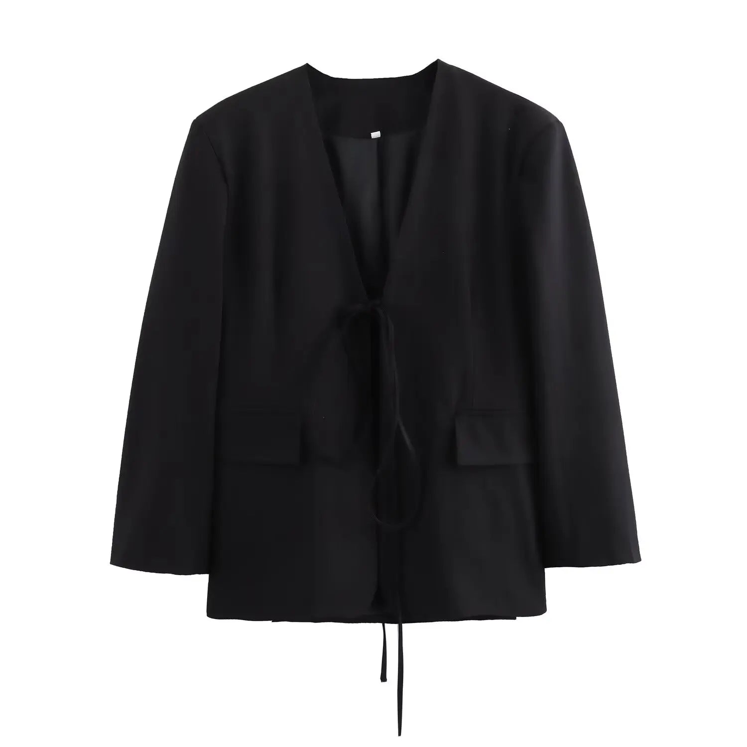 TRAFZA Casual Oversized Black Blazer Women V Neck Bow Tie Pockets Loose Jackets Fashion 2025 Streetwear Women Outwears