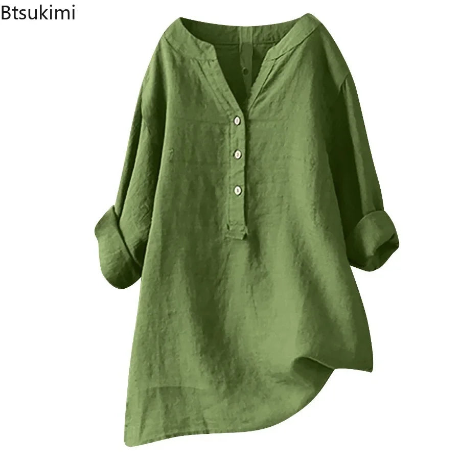2025 Vintage Cotton Linen Shirts for Women Spring Summer Casual Loose Long Sleeve Shirt Ladies Oversize V-neck Blouse Tunic Tops