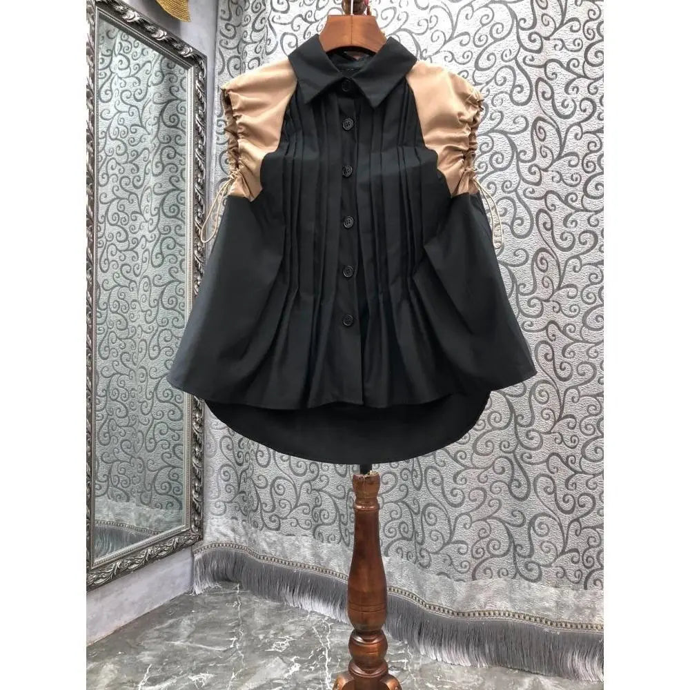 Neploe Turn Down Collar Single-breasted Blouse Pleated Drawstring Patchwork Shirts Korean 2025 Fashion Loose Casual Blusas