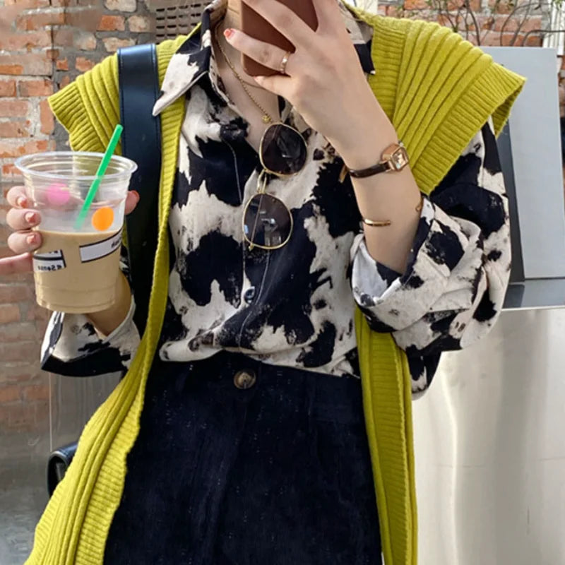 Cow Print Button Up Shirts Women Spring Plus Size Tops Korean Fashion Clothes Chiffon Streetwear Long Sleeve Blouse New 13486