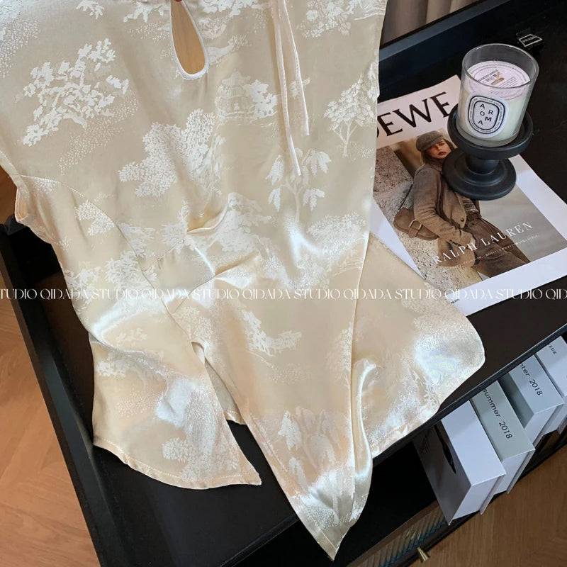 New Chinese Style Sleeveless Shirt Top High Neck Buckle Thin Satin Floral Female Shirt Summer Slim Mature Woman Short Sleeve