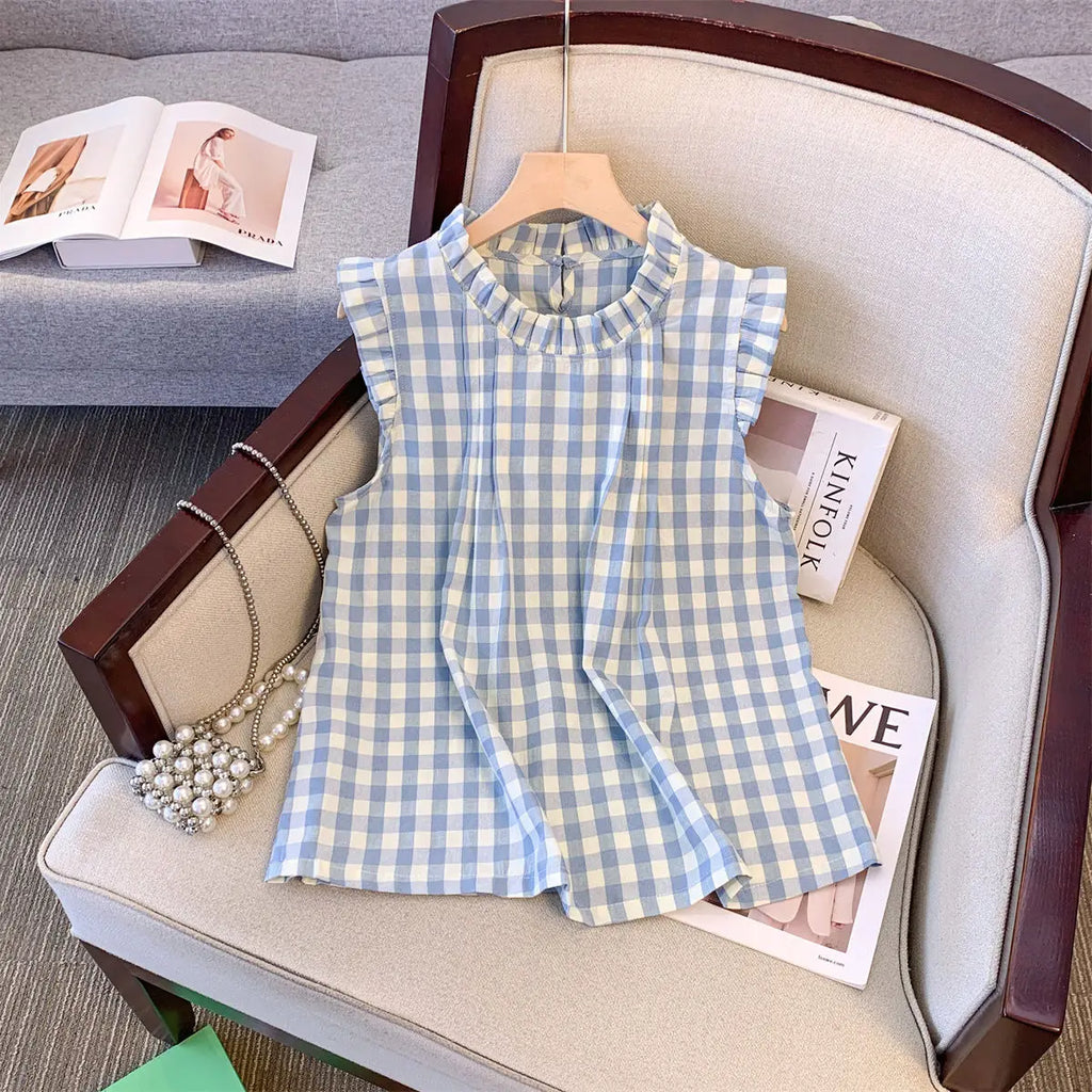 Korean Blouses Women Clothing Stand Neck Sleeveless Sweet Shirts 2025 Camisas De Mujer Loose Ruffles Ruffles Plaid Summer Blouse