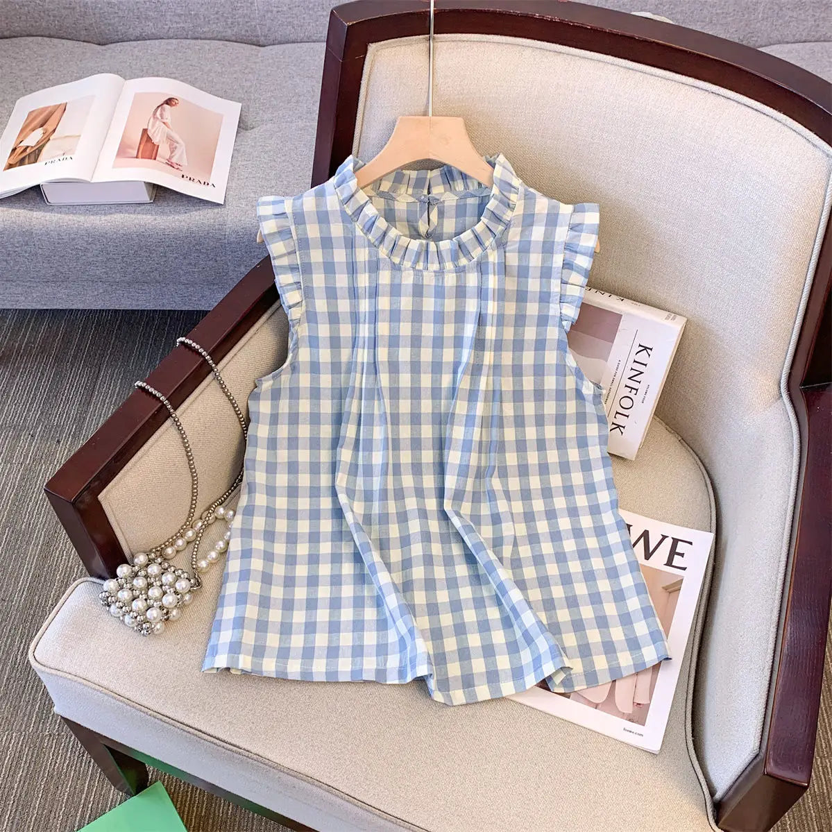 Korean Blouses Women Clothing Stand Neck Sleeveless Sweet Shirts 2025 Camisas De Mujer Loose Ruffles Ruffles Plaid Summer Blouse