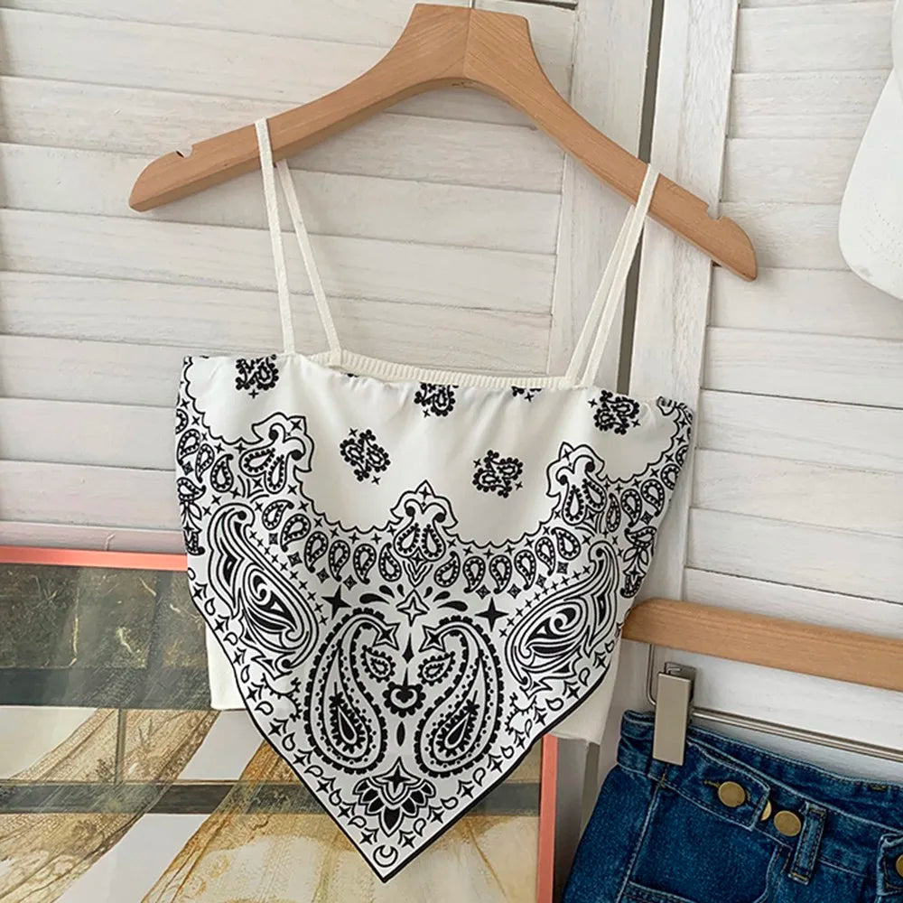 Women's Printed Sleeveless Tank Top Shirt Basic Solid Tank Top Fashion Satin Lace Up Italian Noodle Bandana Tube Crop Top
