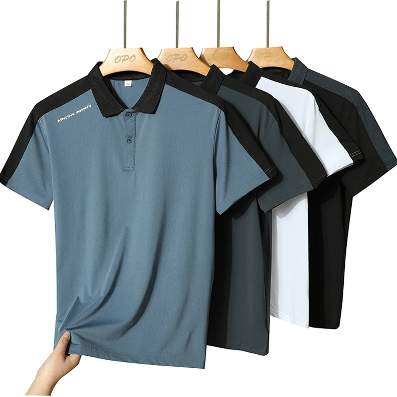Men's Polo collar top with summer ice silk breathable quick drying short sleeved T-shirt patchwork contrasting color polo shirt