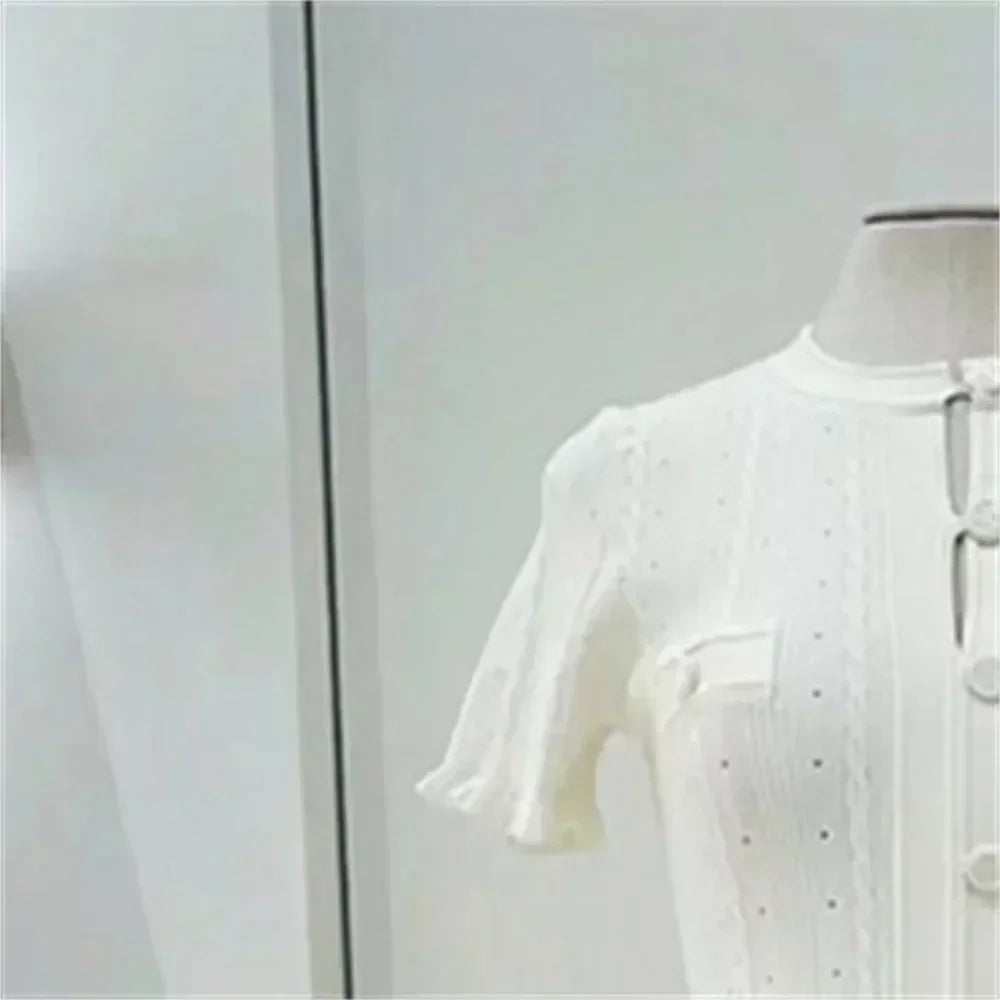 Women O-Neck White Knit Thread Mid-Length Dress Summer 2024 New Elegant Lady Ruffled Sleeve Single Breasted Slim Long Robe