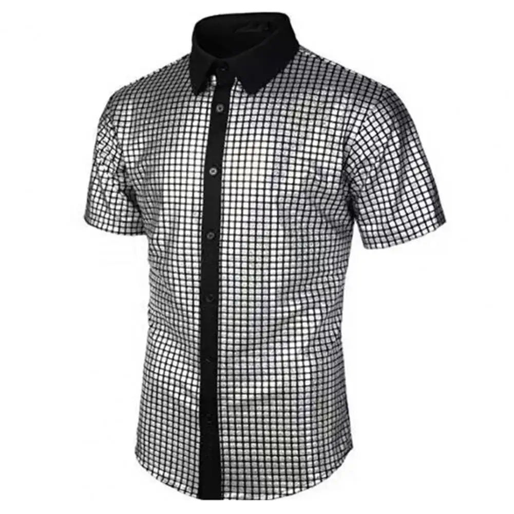Men Club Shirt Vintage 70s Disco Men's Club Shirt with Reflective Sequins Turn-down Collar Short Sleeve Button Down for Parties