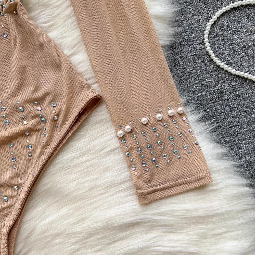 Beading Sequins Mesh Bodysuits Women O Neck Summer Sexy Party Club Long Sleeves Ladies Fashion Solid Rompers dropshipping