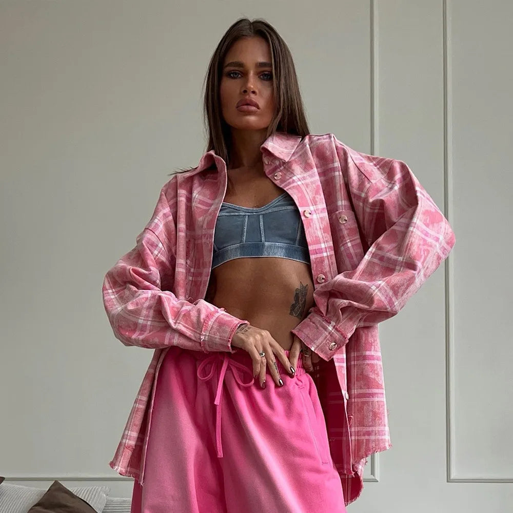 Retro Tie Dyed Cotton Checkered Shirt Spring and Summer Women's Street Syle Trend Y2K Loose School Cassual Pink Shirt Jacket