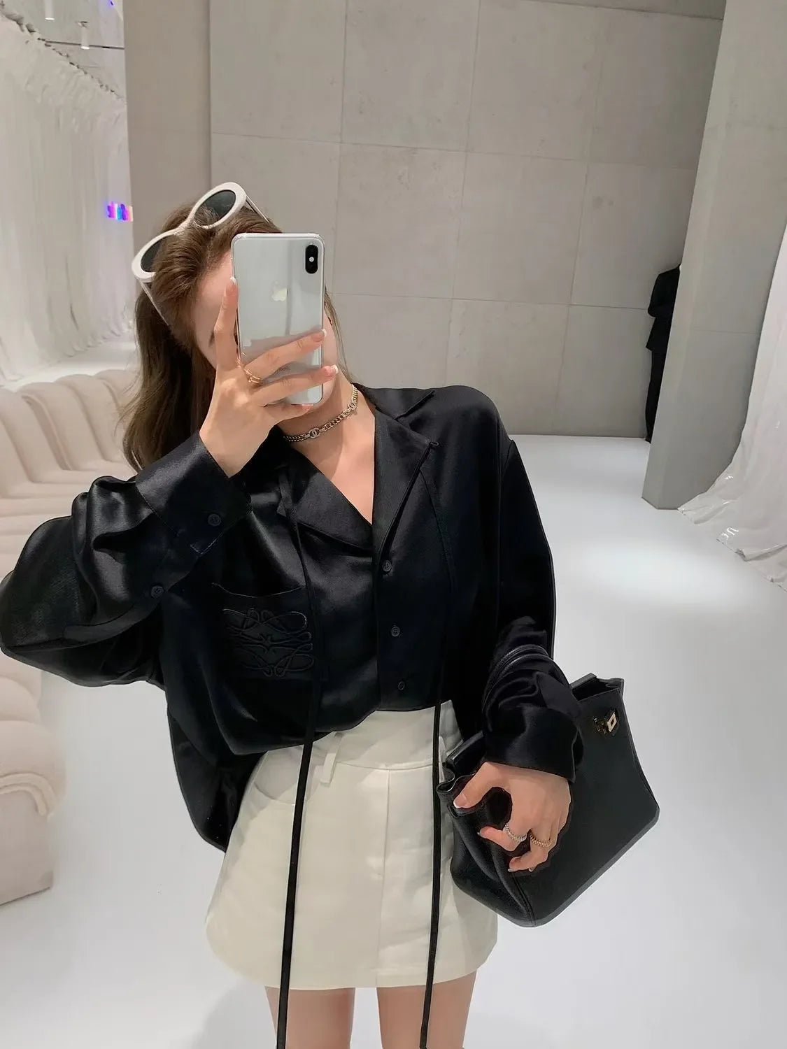 Imitation Acetic Acid Satin Smooth Gloss 18,000 Stitch Embroidered Shirt Women's Spring Summer Long Sleeve Top Clothing Designer