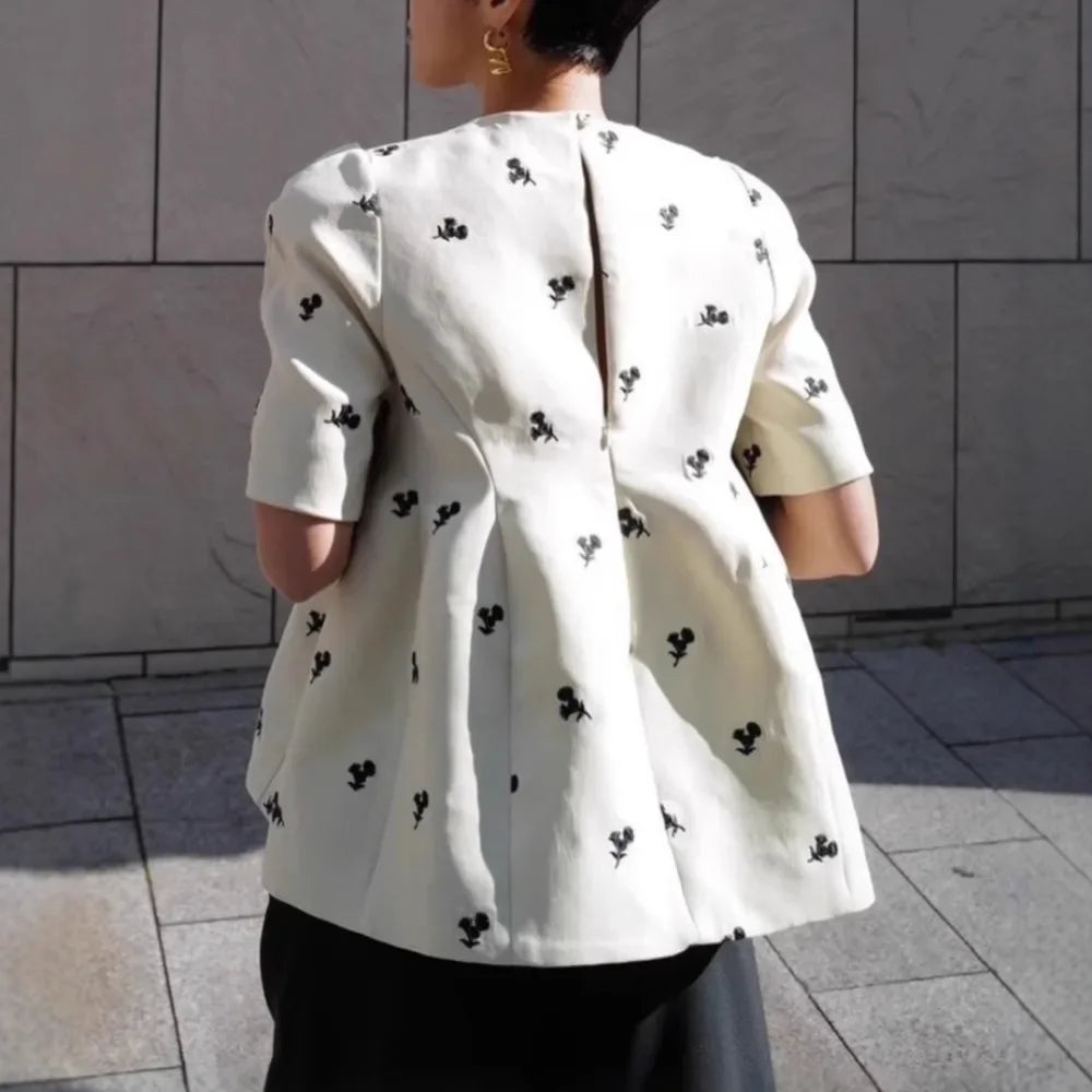 O-neck Bubble Sleeve Shirts & Blouses Flower Embroidery Blusas Mujer Pleated  HemWoman 2025 Clothing Moda Camisas Summer Ropa