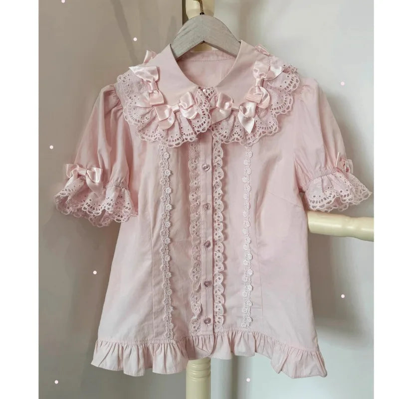 2025 New Summer Kawaii Short Sleeved Blouse Japanese Lolita Cute Sweet Versatile Thin Blusas Women Shirt Princess Party Vestidos