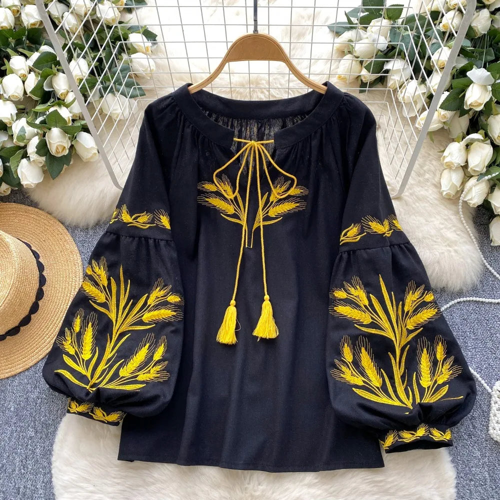 Neploe Vintage Heavy Ethnic Style Panelled Shirt Lace Up O Neck Embroidery Lantern Blouses Western Loose Casual All-match Blusas