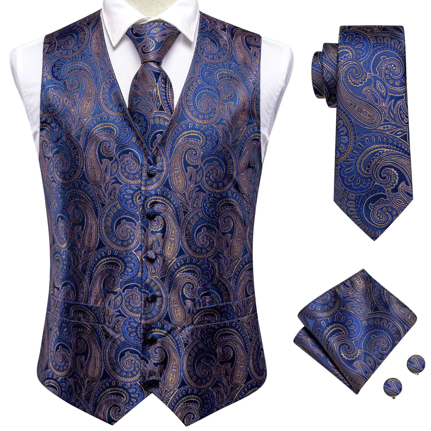 Hi-Tie Navy Blue Mens Vest Formal Silk Paisley Waistcoat Jacket Tie Handkerchief Cufflinks Set For Male Dress Suit Wedding Party