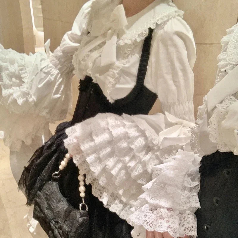 Japanese Y2k Vintage Lolita Shirts Women Korean Sweet Elegant Cute Tops Gothic Y2K Bow Lace Ruffle Flare Long Sleeve Blouse