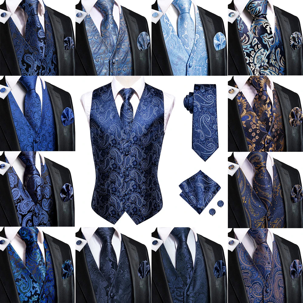 Hi-Tie Navy Blue Mens Vest Formal Silk Paisley Waistcoat Jacket Tie Handkerchief Cufflinks Set For Male Dress Suit Wedding Party