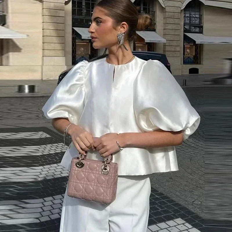 O Neck Lantern Short Sleeve Women Top Loose Solid Female Blouse 2025 Fashion Elegant Office Spring Summer Casual Lady Shirts