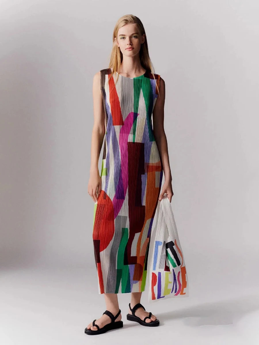 Miyake Pleated Striped Colorful Printed Sleeveless Dress