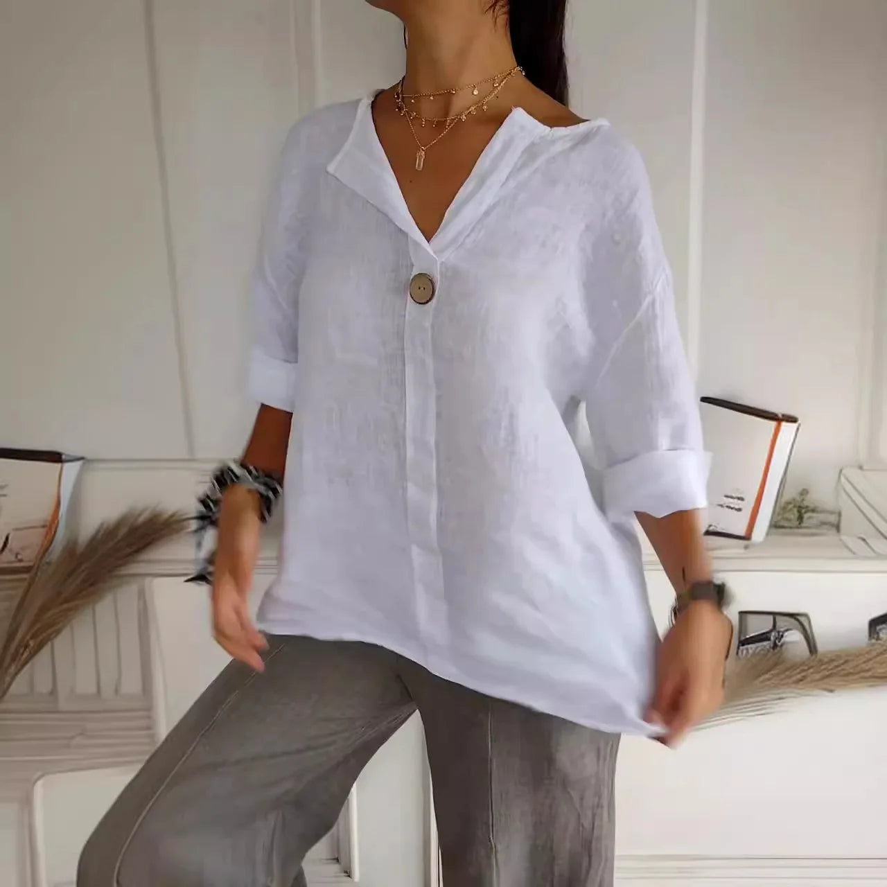 Summer Shirt And Blouses For Women Top V-neck Button Tee Shirts Casual 3/4 Sleeve White Top Loose Fit Pullover Women's