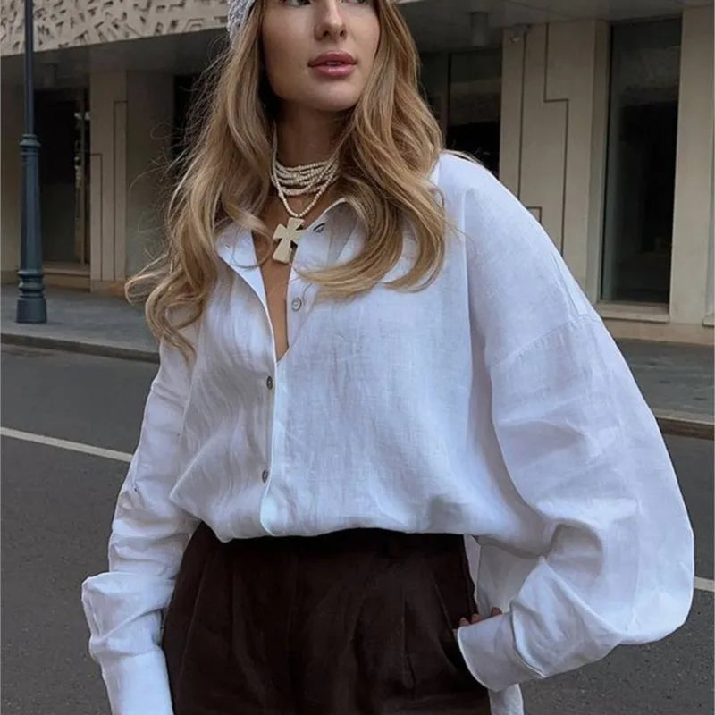 Women's Linen White Shirt Long Sleeve Elegant Pink Loose Fashion Blouse Summer Vintage Basic Top Collar Shirt for Women