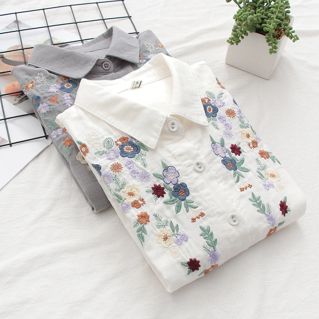Spring Double 100% Cotton Yarn Shirts Women Turn-down Collar Loose Tops Girl Long Sleeve Embroidery Blouses 2024 Autumn T42909QM