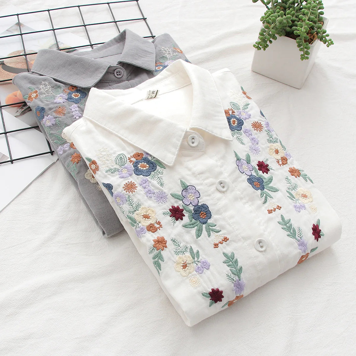 Spring Double 100% Cotton Yarn Shirts Women Turn-down Collar Loose Tops Girl Long Sleeve Embroidery Blouses 2024 Autumn T42909QM