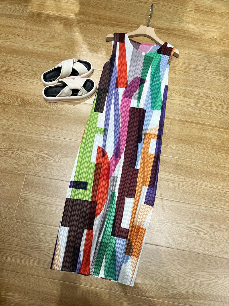 Miyake Pleated Striped Colorful Printed Sleeveless Dress