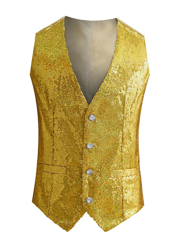 Red Shiny Sequins Single Breasted Sleeveless Vest Men's V-Neck Waistcoat Gold Black White Blue Purple Available M L XL XXL XXXL