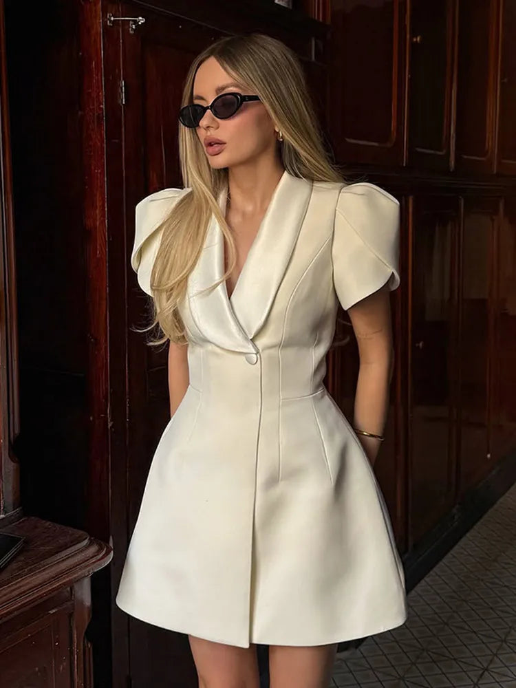 Women Solid High Waist Slim A-line Dresses Elegant Party Short Sleeve Lapel Mini Dress Summer Lady Highstreet Holiday Robes