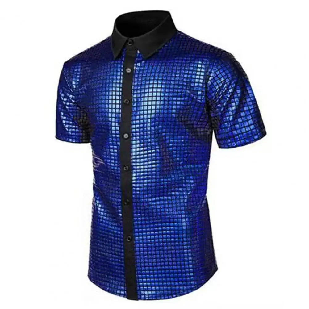 Men Club Shirt Vintage 70s Disco Men's Club Shirt with Reflective Sequins Turn-down Collar Short Sleeve Button Down for Parties