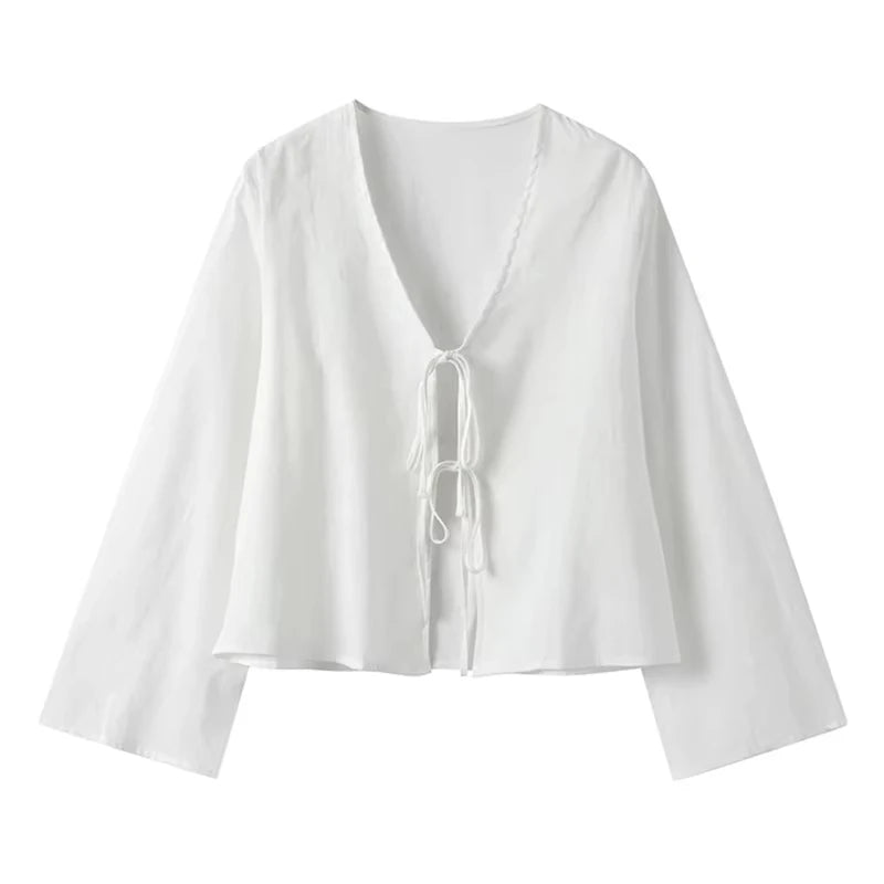 ALOBEE Shirt Women Elegant 2024 New Summer Street Female Comfortable Tops Loose Lace Up Leisure Bow Long Flare Sleeve Lady