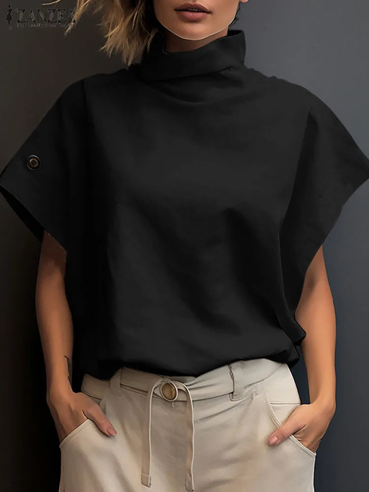 ZANZEA Women Stylish Tunic Tops Summer Office OL Shirts Short Sleeve Elegant Work Blouse Female Turtleneck Blusas Mujer Oversize