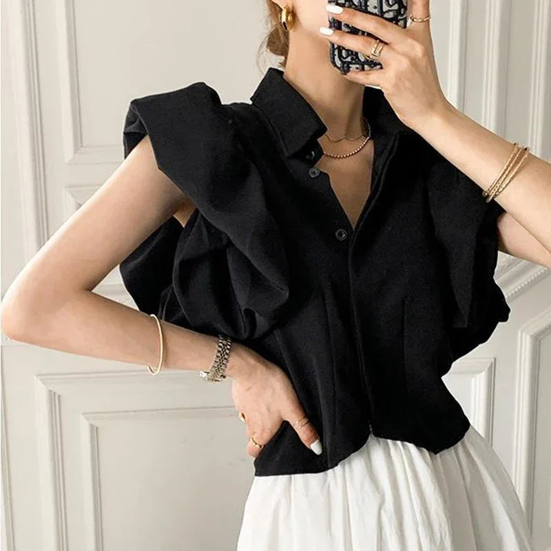 BWQ Y2K Women Chiffon Black Shirts Summer Fashion Elegant Puff Sleeve Tops Korean All Match Female Casual Blouse New
